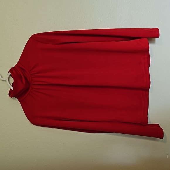 Red Bedford Fair 1980s Blouse with ruched turtle neck and 3 button clasp. SZ.L - Picture 1 of 8